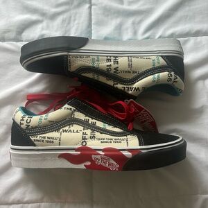 Vans Black Cream Sneakers with Red Flame and Red Laces